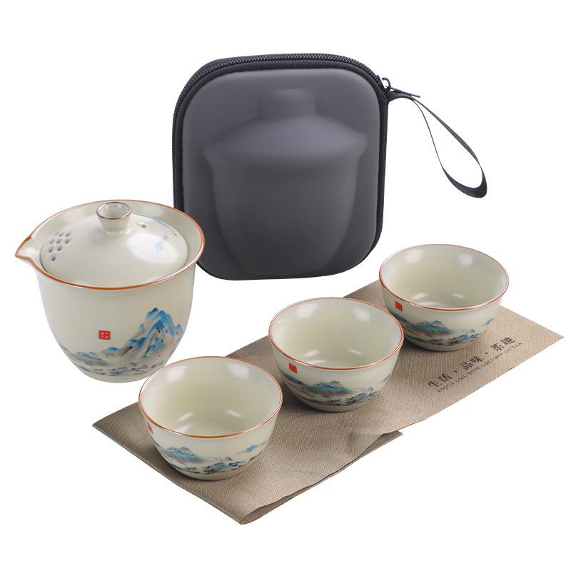 Portable Travel Ceramic Kuaike Cup, One Pot, Three Cups Of Outdoor Tea, Ru Kiln Kung Fu Tea Set, Business Gifts