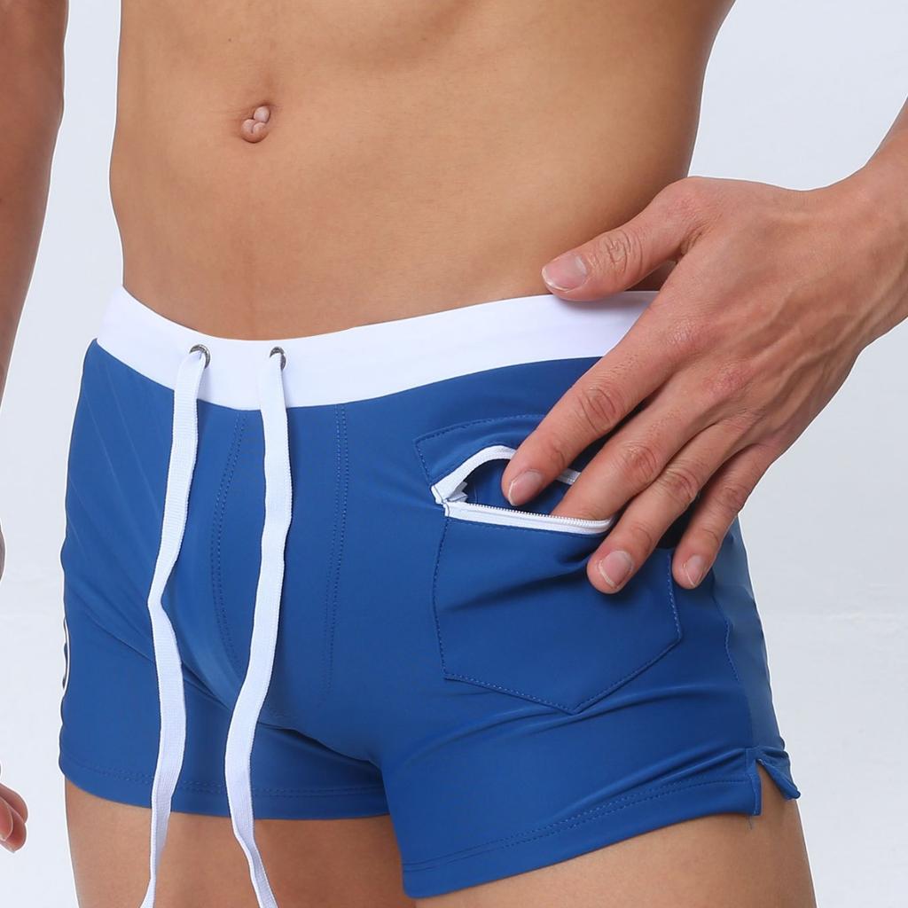 European and American Men's Boxer Swim Trunks with Front Pocket Simple and Stylish Drawstring Boy Shorts Swimming Shorts