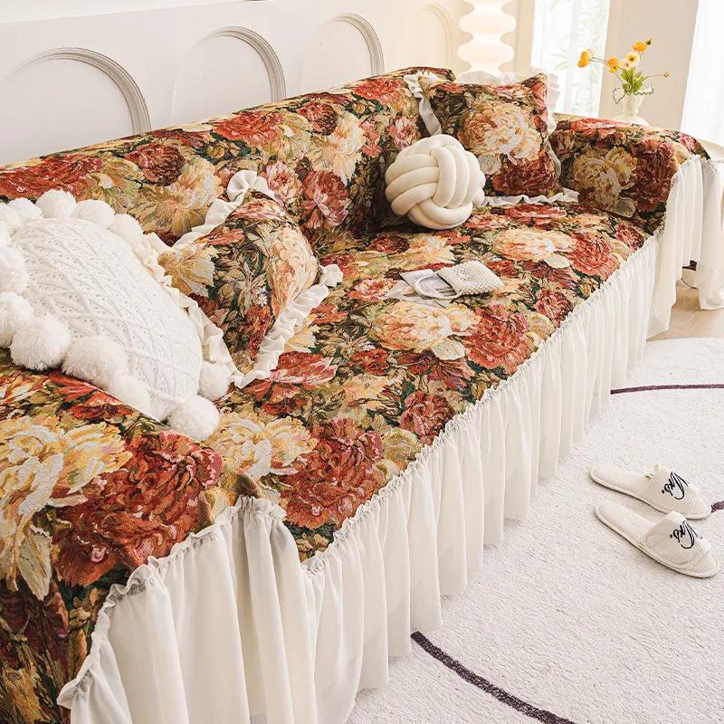 Pastoral Style Cotton And Linen Sofa Blanket Small Flowers Sofa Cover With Skirts Anti-Slip Sofas Towel Beds Blankets Funda Sofa