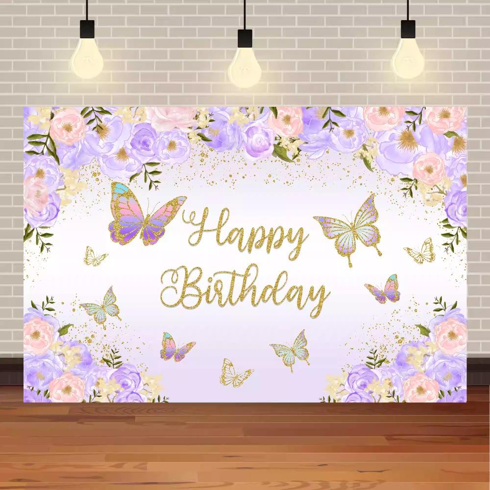 Newborn Baby Shower Backdrop Butterfly Flowers Princess Girl Happy Birthday Party Decor Banner Photography Background