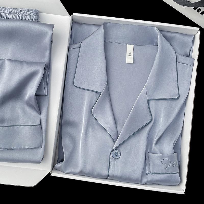 

Men s Dark Gray Ice Silk Long Sleeve Pajamas - Spring/Summer, Plus Size Loose Fit Set M for 160-165cm, 100-120kg