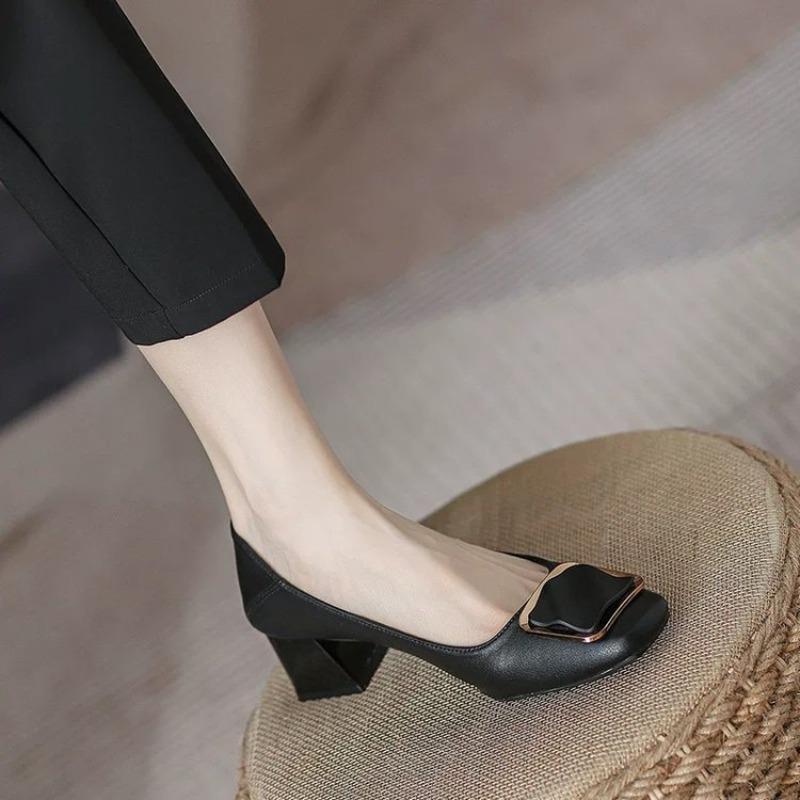 Shallow Mouth Medium Heel Single Shoes Women's Thick Heel New Soft Leather Long Standing Is Not Tired Feet Comfortable Square Buckle Gentle Shoes