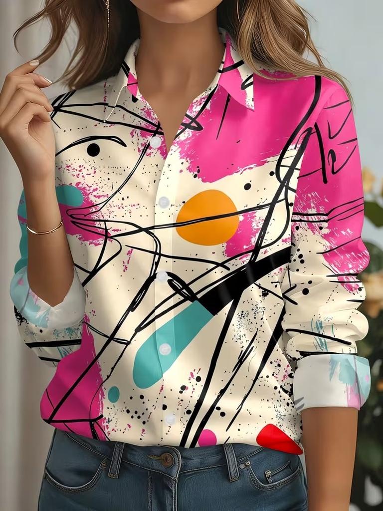 2026 Women's Shirts Gradient Graphics Print Blouse Lapel Neck Blouse Women's Long Sleeve Shirts Womens Clothes Female Clothing