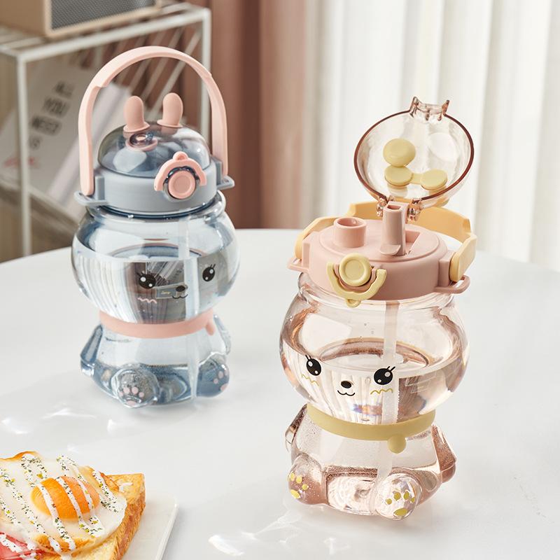 Charming Children Rabbit Double Drinking Cup Kindergarten Student Portable Strap Straw Cup Girls Plastic Water Cup