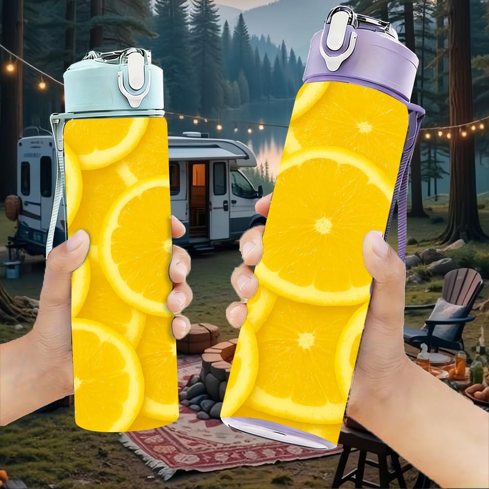 1PC Yellow Lemon Slice Repeat Print 750ml Color Plastic Sports Water Bottle Leakproof Flip Straw Lid Suitable for Sports Office Home Use
