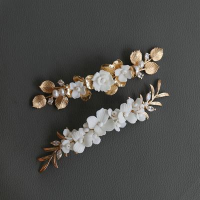 Ceramic Flower Hairpin Gorgeous Zircon Spring Side Clip Romantic Copper Leaf Wedding Hair Accessories Pearl Prom Jewelry