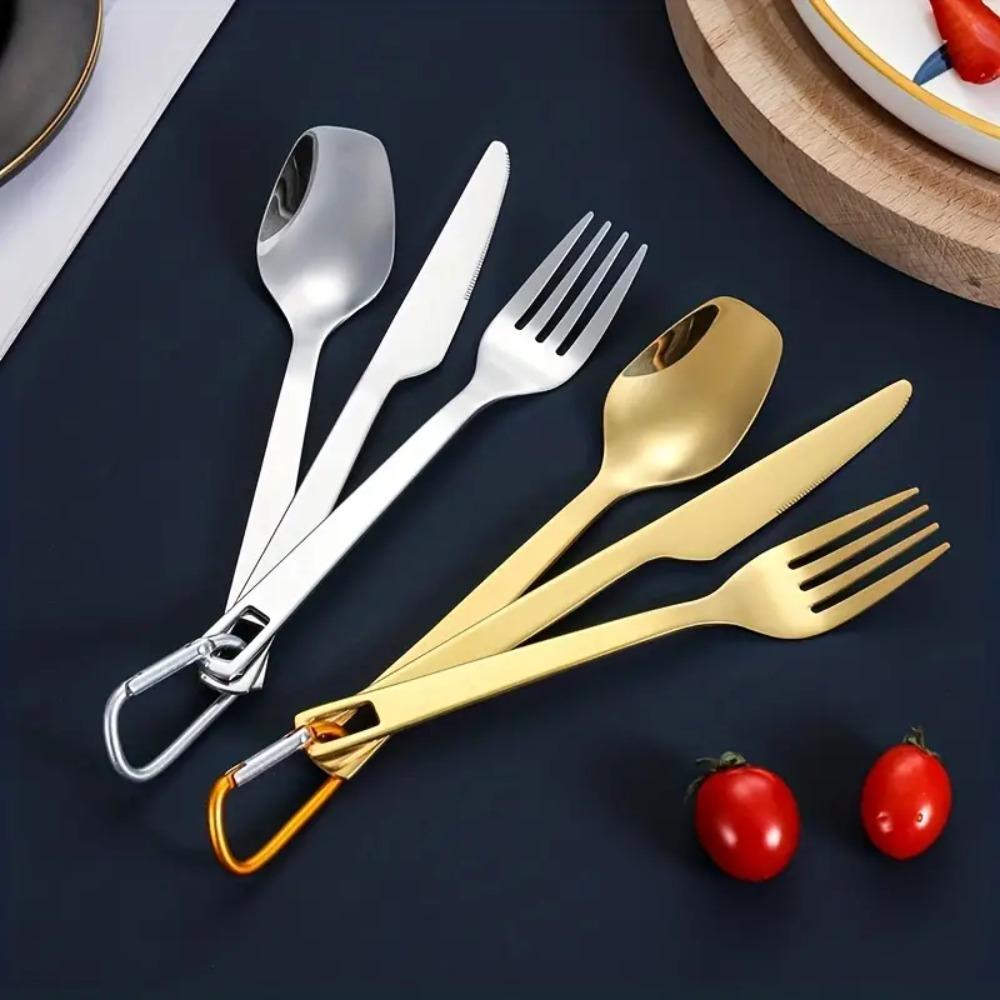 3pcs/set with Carabiner Camping Cutlery Set Stainless Steel Tableware Set  Hiking