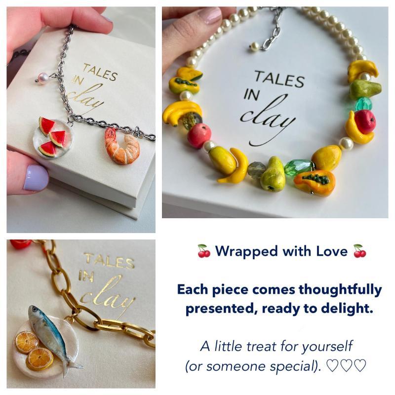 Y2K Vintage Fruit Beaded Necklace Handmade Blueberry Lemon Decor Lightweight Summer Jewelry for Women