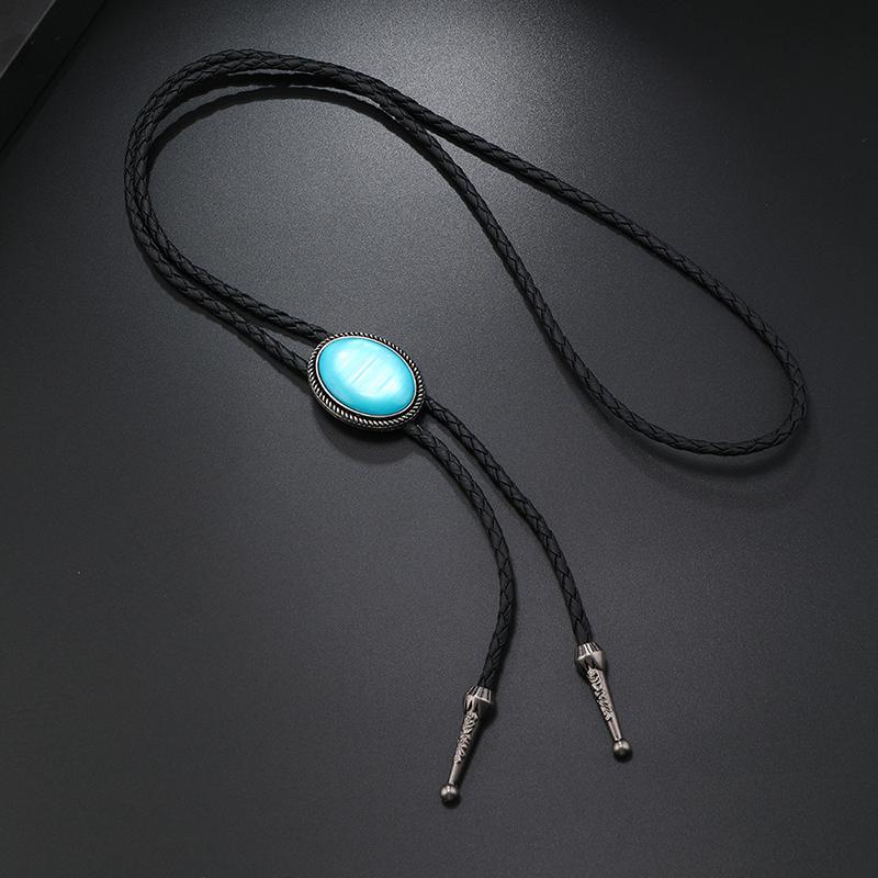 1 Piece Western Cowboy Bolo Tie Vintage Leather Necklace For Men Retro Acrylic Gemstone Polo Necklace
