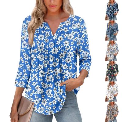 Camiseta feminina casual plissada com decote em V cor sólida manga sete quartos