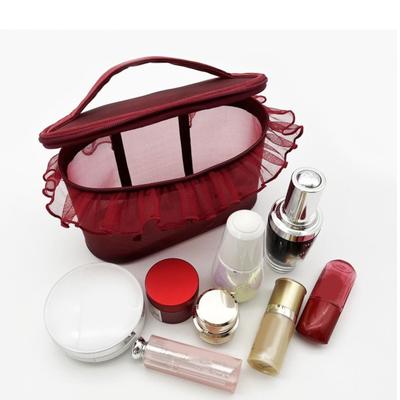 Nylon Makeup Pouch With Transparent Mesh And Heart Embroidery Cosmetic Bag For Travel And Daily Organization
