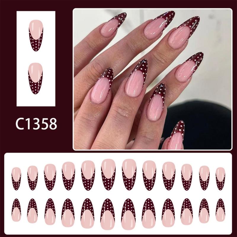 Pack Of 24 Wine Red White Polkas Dot French False Nail Quality ABS Artificial Nail Easy Application for Women Party
