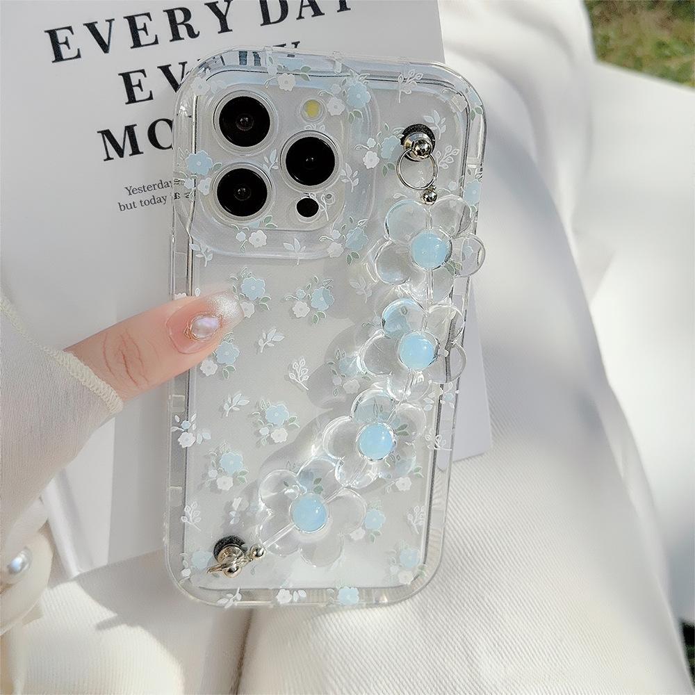 Summer Fresh Blue Floral Iphone14promax Apple 15 Mobile Phone Case 16 Suitable for 12 Transparent Lanyard