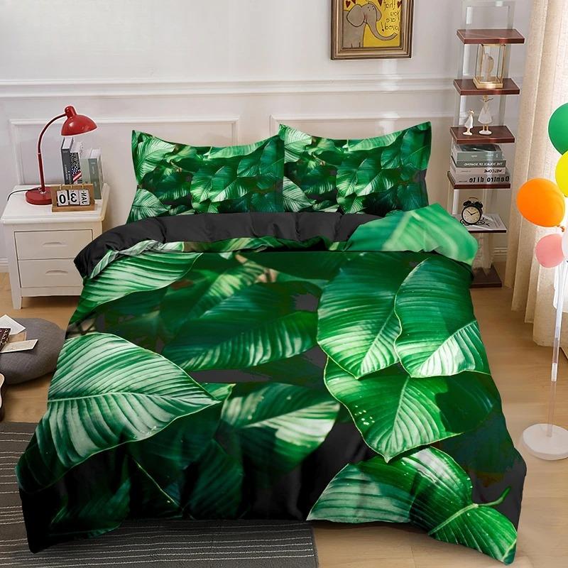 Nature Tropical Green Leaves King Queen Bedding Set Rainforest Jungle Plant Duvet Cover 3D Botanical Polyester Comforter Cover