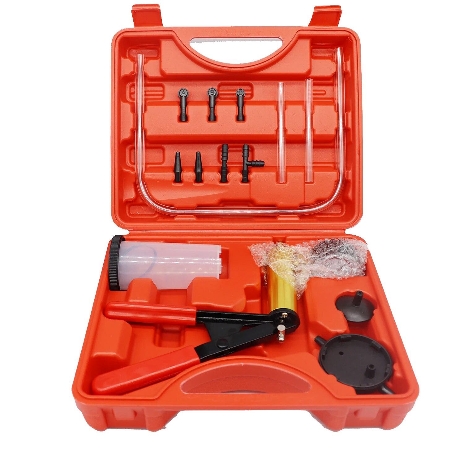 

2 in 1 Manual Vacuum Pressure Pump Brake Fluid Drain Kit Vacuum Pistol Pump Tester Kit Portable Durable Aluminum Vacuum Gauge with plastic box