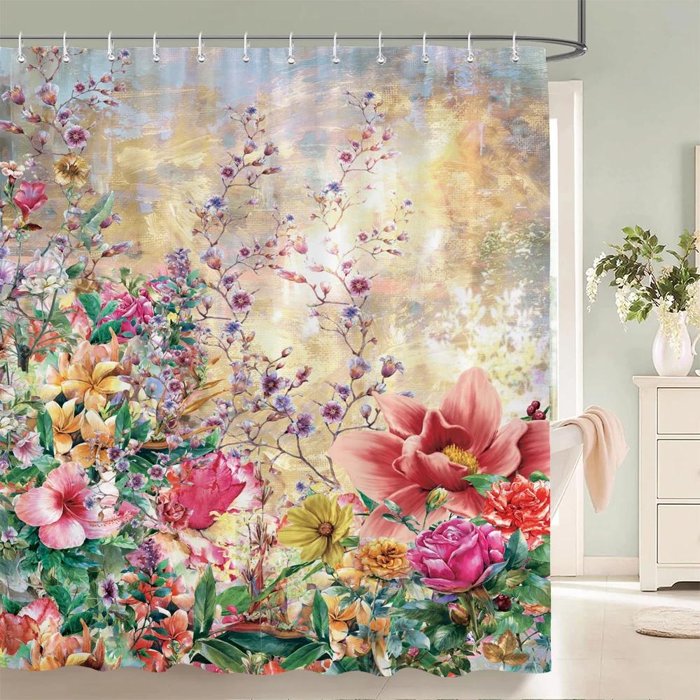 Beautiful Colorful Flower Floral Printed Shower Curtains Frabic Waterproof Polyester Decor Bath Curtain With Hooks 240X180Cm