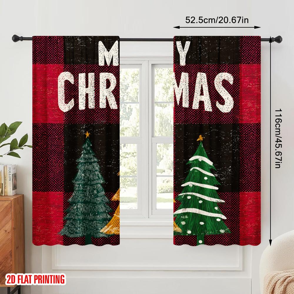 2pcs,2D Plane Printing Minimalist Curtains Winter Christmas Tree1 Versatile Polyester Fabric (without Rod) Decorations Inside