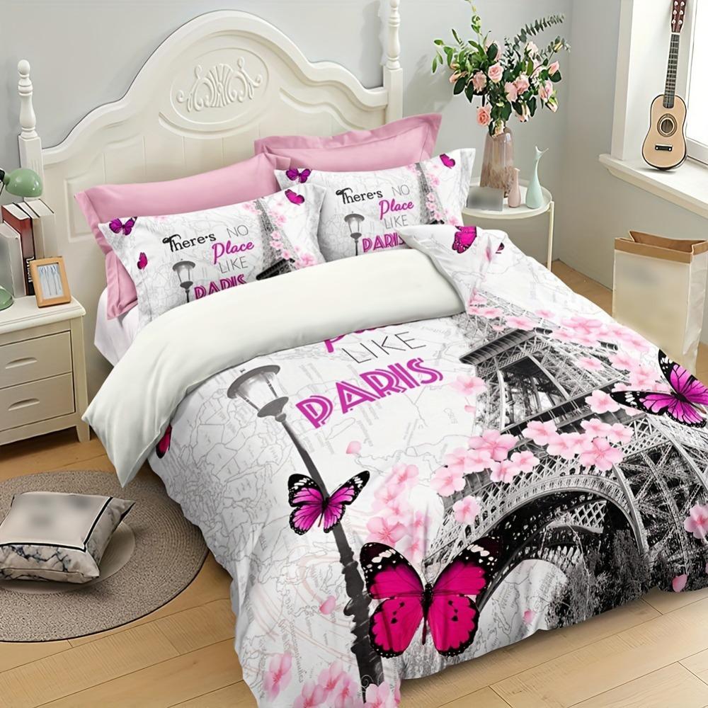 3pcs Pink Beding Set Paris Eifel Tower Print Cozy Soft Duvet Cover Set King Quen Twin Single Sized Dimensions Birthday Gift Girl Bedrom Decor