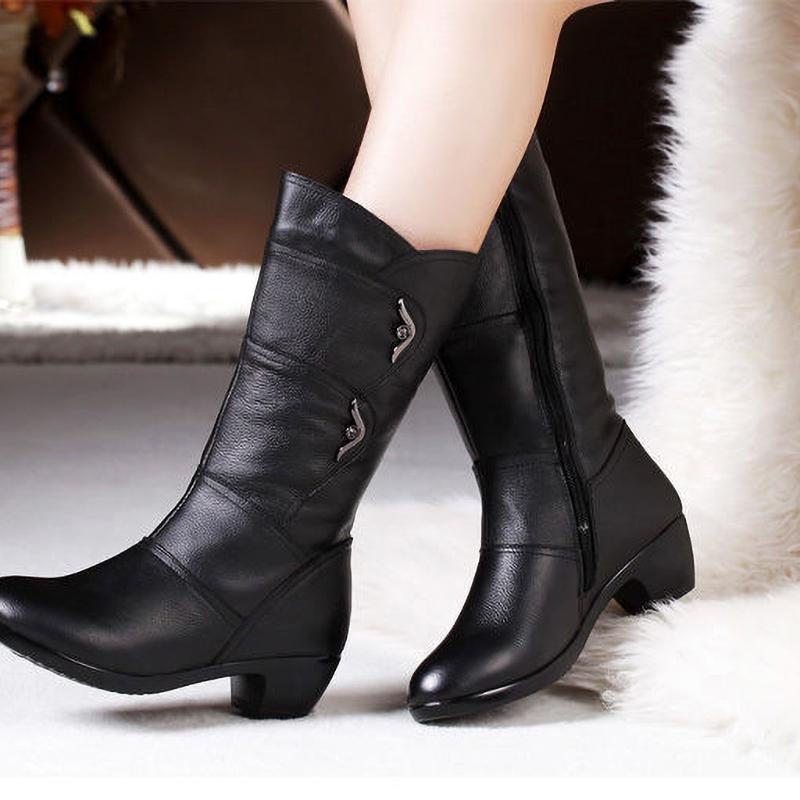Middle Boots Winter Women's Korean Style Low Heel Solid Color Fleece Warm Plus Size Outdoor Anti Skid Boots