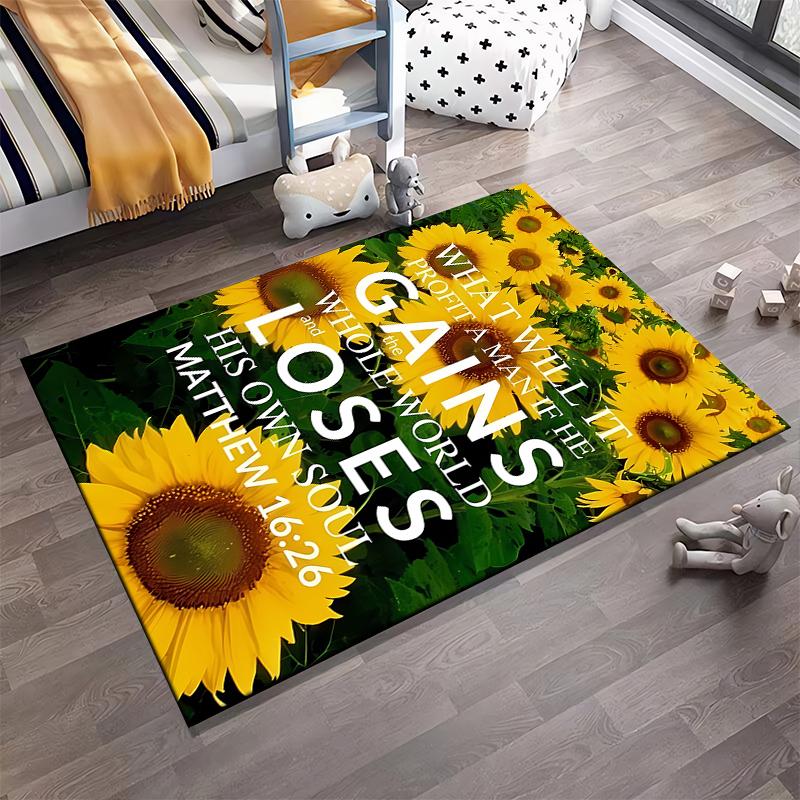 Sunflower Field with Inspirational Quote Rug - Non-slip Rug Suitable for Living Room and Bedroom Sofas.