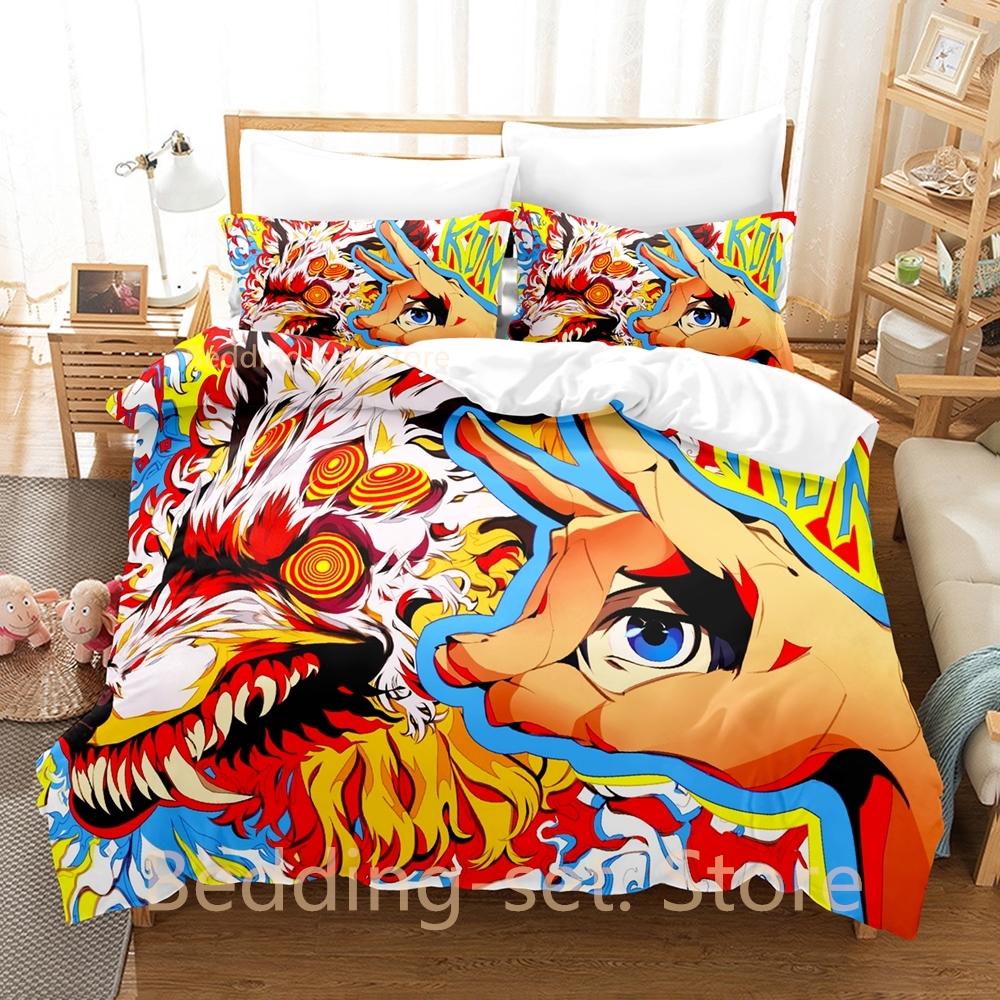 Fox Dveil Kon Chainsaw Man Bedding Set Single Twin Full Queen King Size Bed Set Adult Kid Bedroom Duvetcover Sets Anime Bed