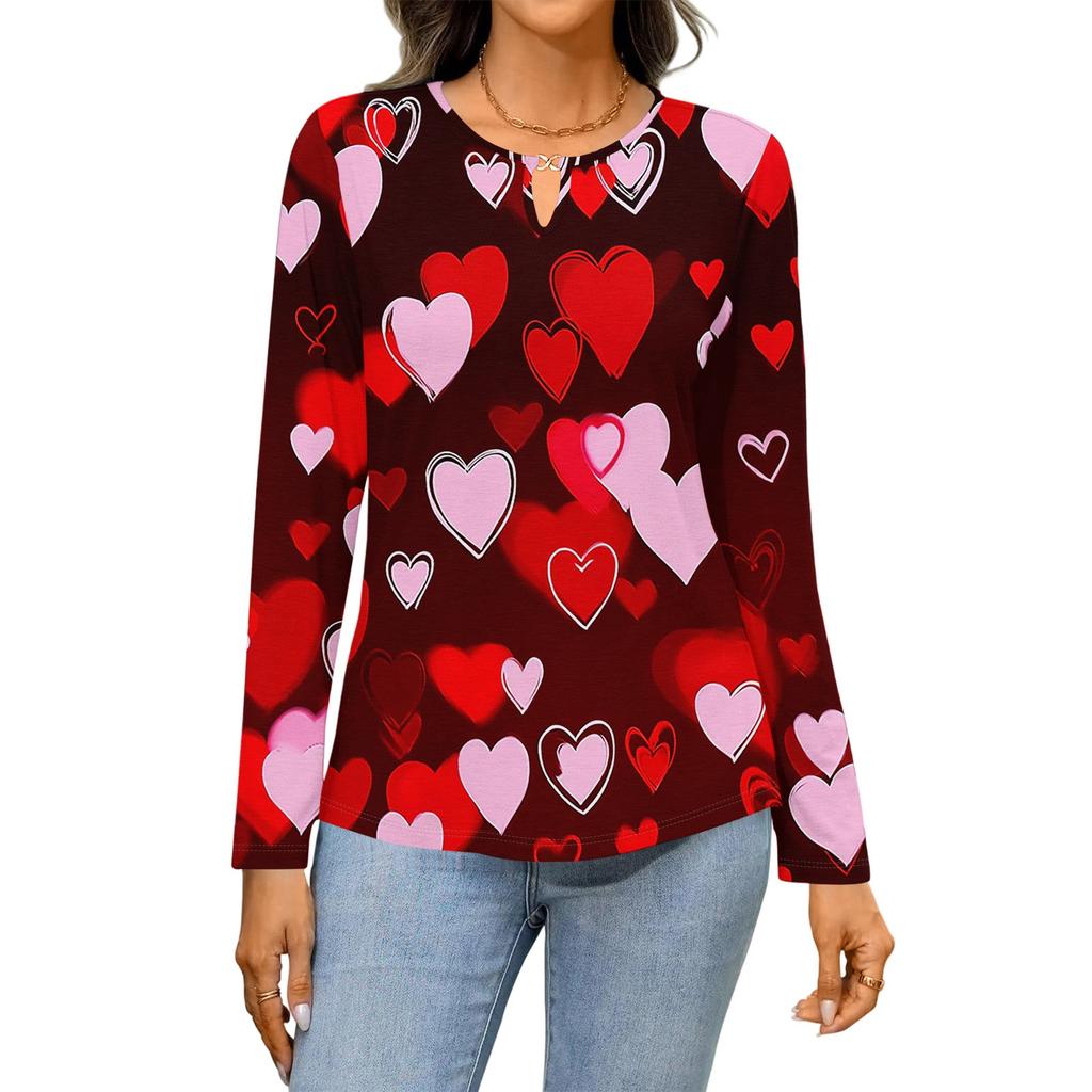 Women's Casual Round Neck Hollow,out Pullover Long Sleeve Valentine's Day Heart Print T,shirt Top