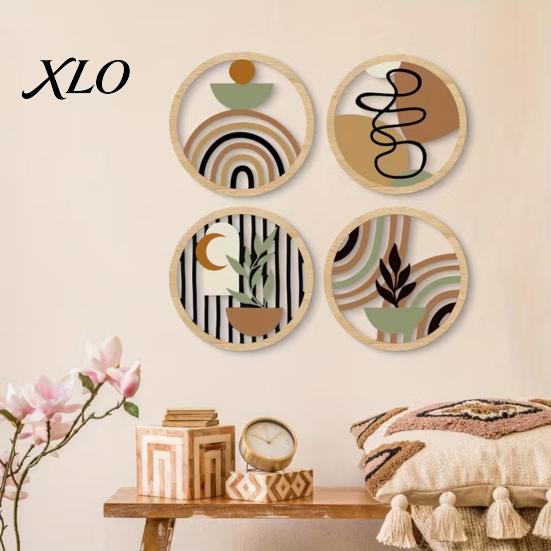 Organic Texture Wall Hangings 4Pcs Boho Wooden Art , 2D Flat Round Hanging Signs, Modern Geometric Decorative Plaques Wood Decor, Bohemian for Living