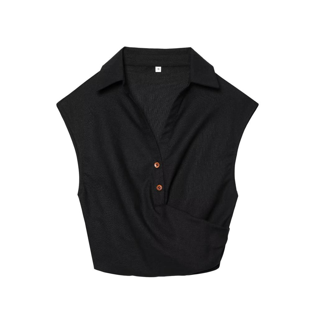 2025 Summer Women's Linen Set: Short Top with Buckle Detail & Midi Skirt