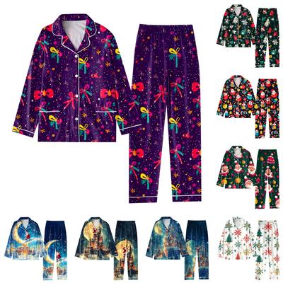 Child 2 Piece Christmas Day Printed Suit Long Sleeve Button Up Top Wide Leg Pants Suit Set Pajamas Home Casual Suit