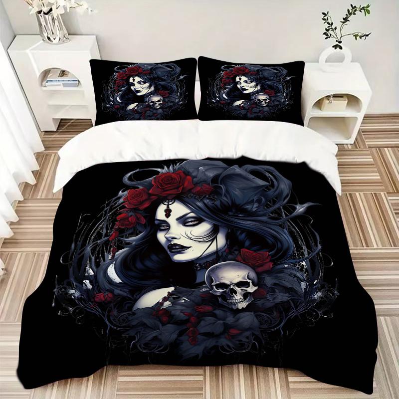 3pcs Gothic Portrait with Skull and Red Roses Bedding Set - Includes Quilt Cover and Pillowcases, Suitable for All Seasons, Machine Washable - Id