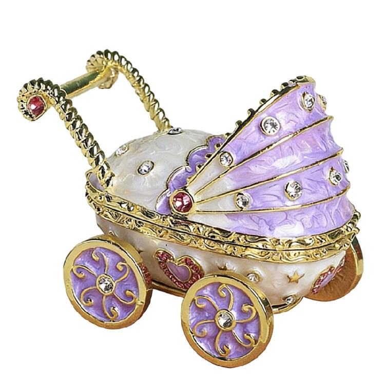 Elegant Flip Top Baby Carriage Jewelry Organiser Enamel Finish Rhinestones Accent Metal Body Decorative Storage Solution фиолетовый