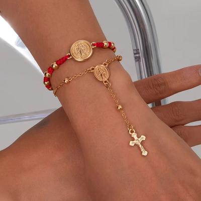 KunJoe 2Pcs/Set Vintage Jesus Cross Pendant Bracelet for Women Adjustable Red Woven Rope Bracelet Female Gift Christmas Jewelry