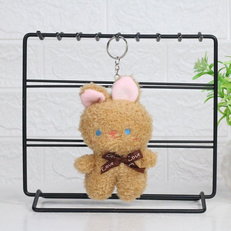 Cute Fluffy Bunny Plush Keychain Adorable Rabbit Doll Short Plush Stuffed Toy Scarf Brown