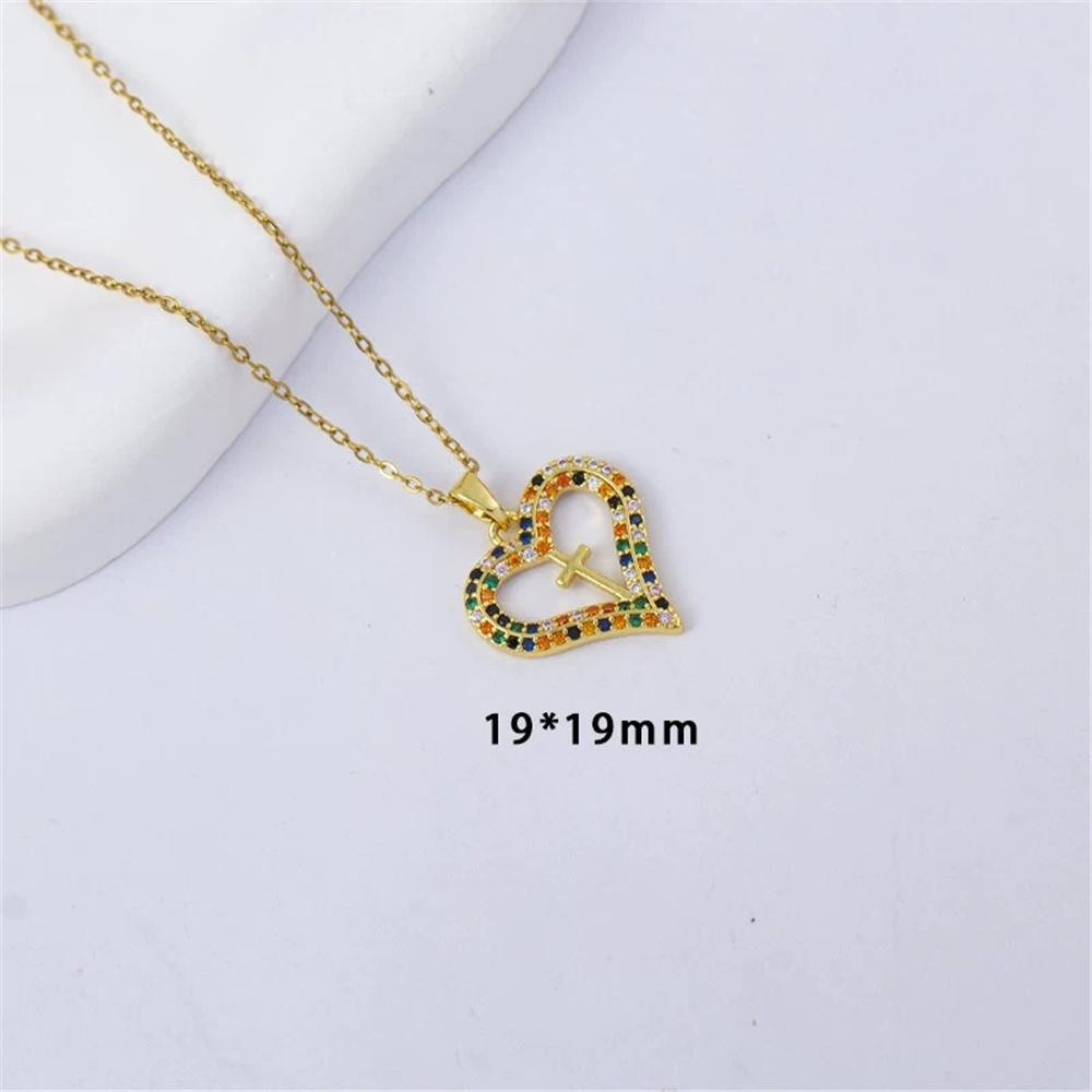 Charm Female Cross Heart Rainbow Zircon Stone Pendant Necklace Vintage Silver Color Wedding For Women