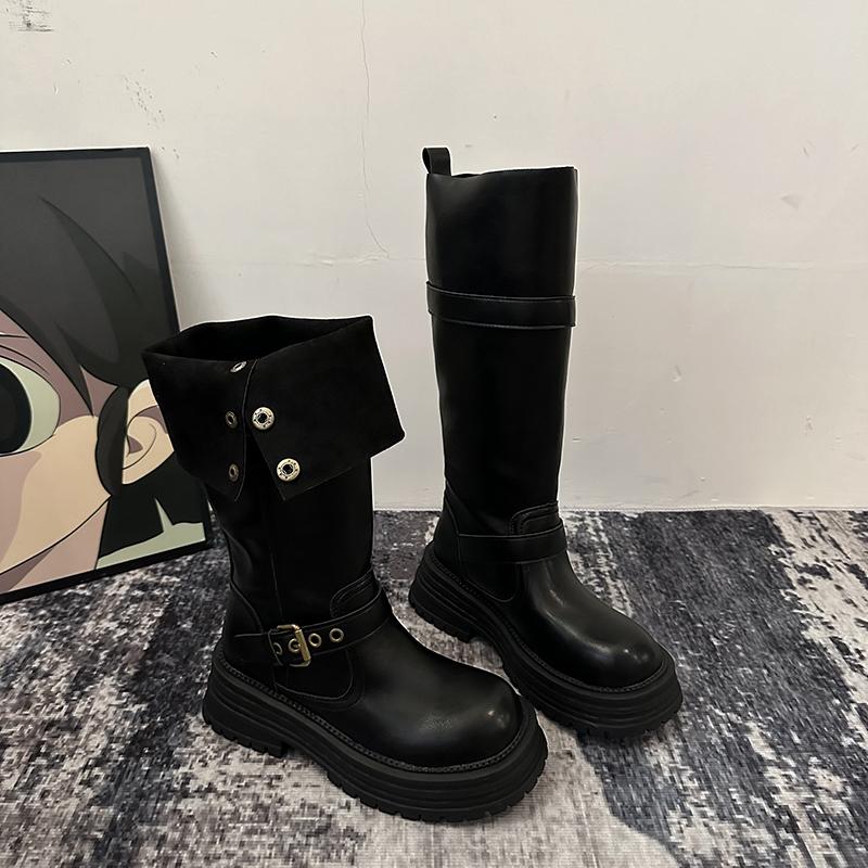 Autumn Winter Vintage Woman Knee-High Boots Slip-On Thick Bottom Shoes Ladies Western Cowboy Botas De Mujer
