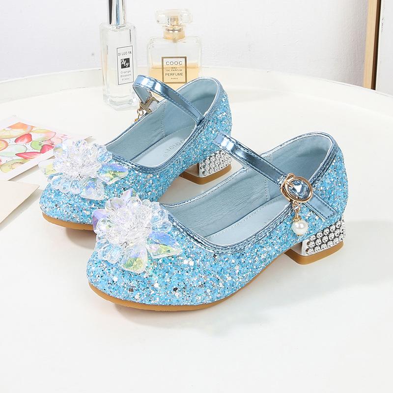 Children's high-heeled crystal shoes Girls' single shoes Little girl Princess Elsa shoes Baby classmate sequined sparkling leather shoes