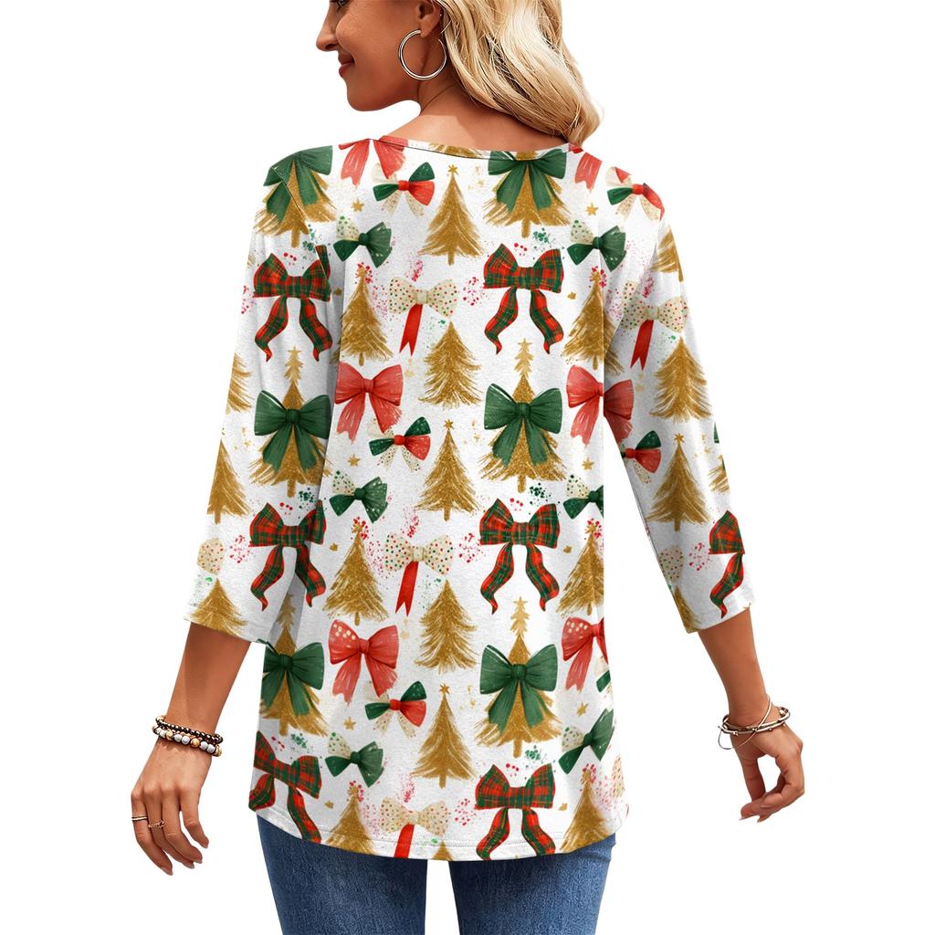 Women's Casual Christmas Print V-Neck Three-Quarter Sleeve Shirt
