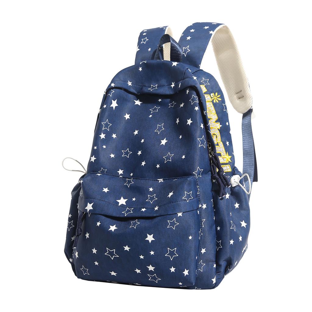 Navy Blue Star Print School Backpack with Frt Pocket Side Drawstrings Adjustable Straps Casual Daypack