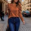 Women S Long Sleeve Puff Sleeve Crew Neck Solid Color Casual T Shirt