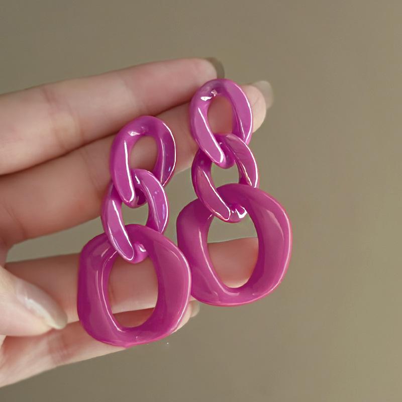 Pink Geometric Twist Chain Earrings Personalized Creative Exaggerated Stud Earrings Niche Temperament High-end Earrings Women
