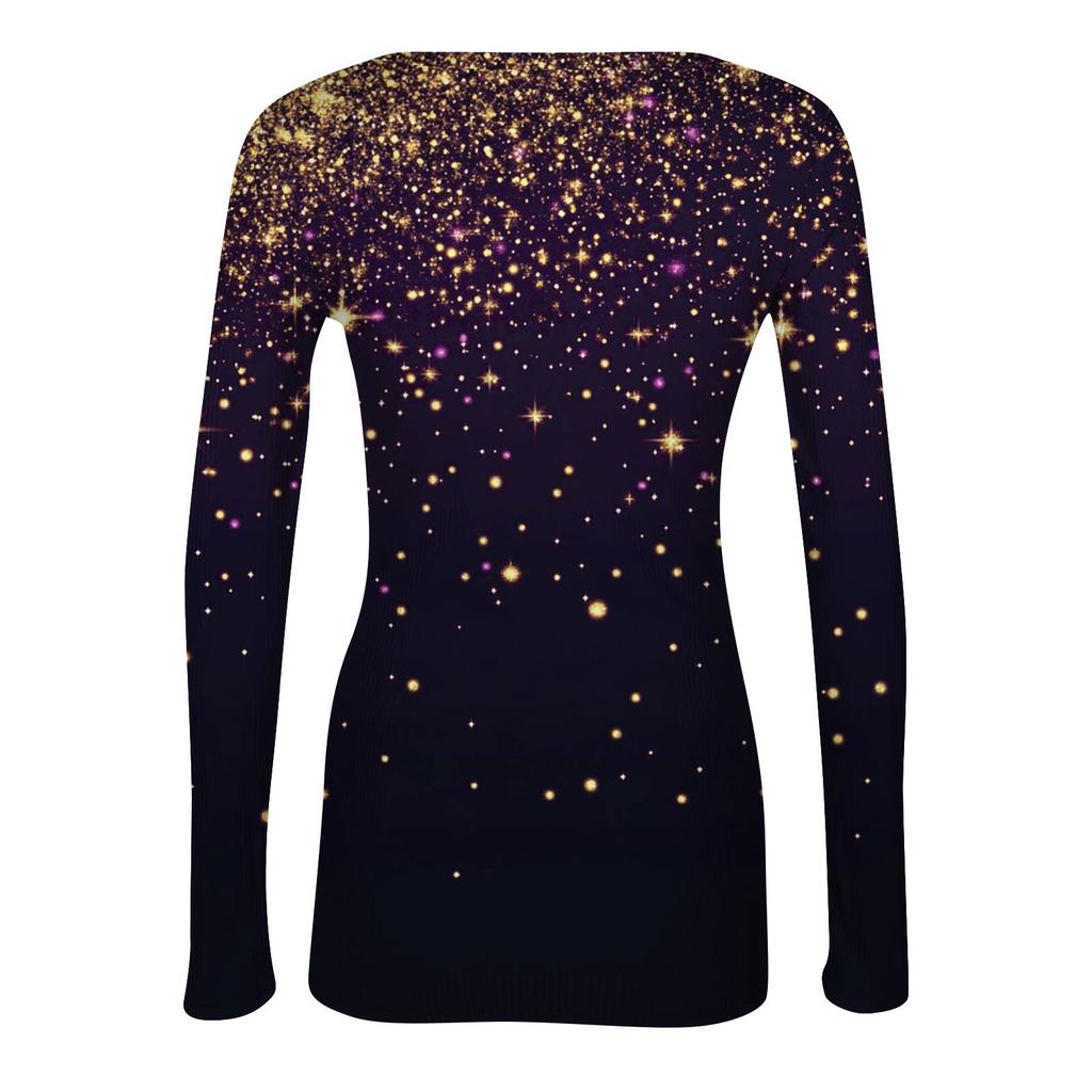Women's  Slim Bottom T-shirt Fashion Casual Gradient Printing Round Neck Pullover Long Sleeve Top