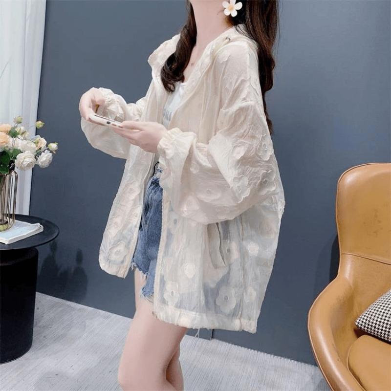 Women Casual Loose Thin Breathable Hooded Sunscreen Cardigan Shirt Outerwear