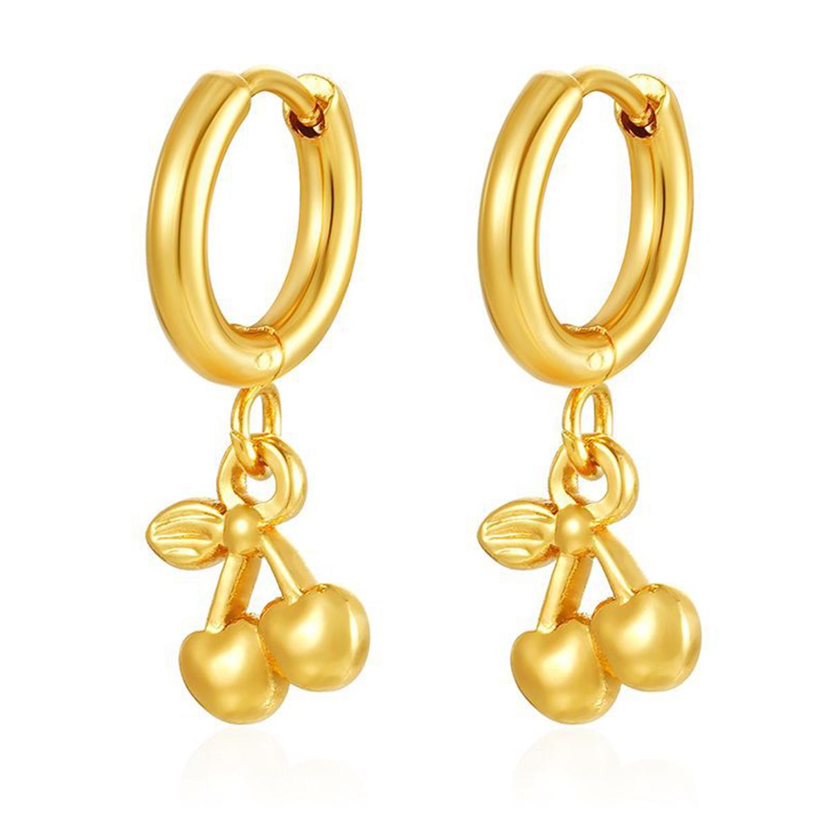 Cherry Pendant Hoop Earrings For Women Stainless Steel Female Trendy Tassel Charms Dangling Earrings Round Ears Piercing Zircon