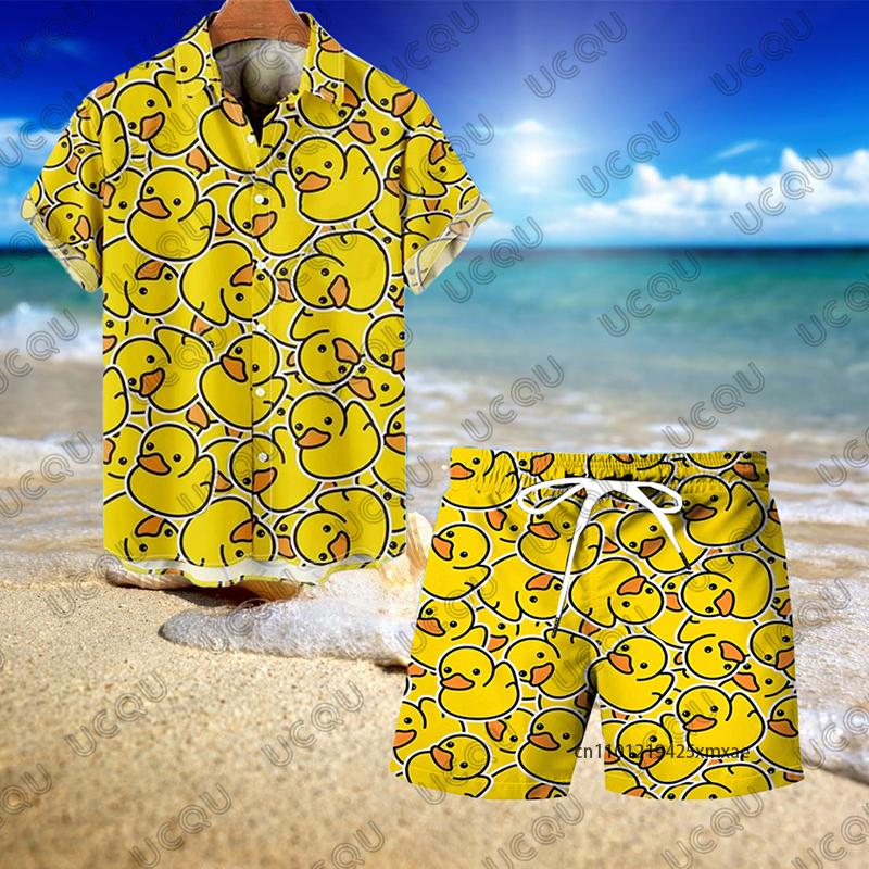 

Summer Men s Sets Yellow Duck Print Lapel Short Sleeve Shirt + Shorts Sets Hawaiian Casual Suits Oversized Beach 2 Piece Outfits S
