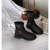 Women's Retro Motorcycle Buckle Boots - 2025 New Skinny Design, Round Toe, Thick Sole, Chunky Heel, Height Increasing, Mid-Calf, Autumn/Winter Style.