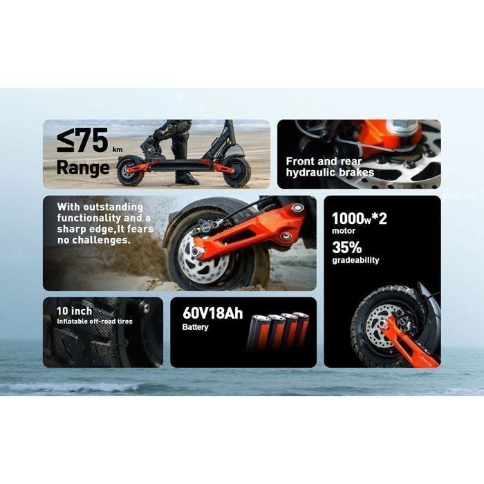 Joyor T10 - Trottinette Électrique - 2000 W - Roues De 10 Pouces - Batterie 60 V 18 Ah - Max 60KM/H - Autonomie De 75 Km.