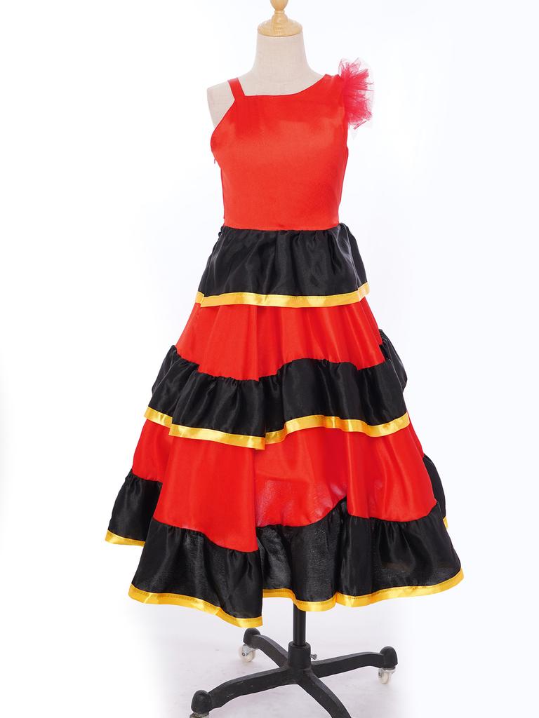 Mädchen Farbblock Tanzkleid Asymmetrische Schulter Stufenrüschen Weiter Saum Flamenco Kostüm Kopfbedeckung