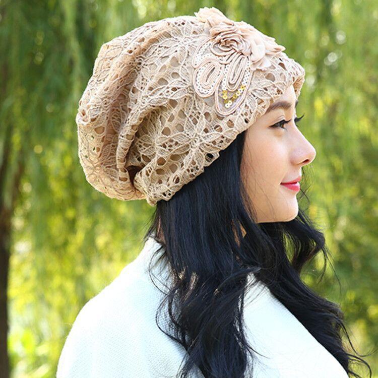 

Модная шапка-пуловер с бантом для женщин на весну и осень, ажурная кружевная корейская цветочная шапка-бандана one size