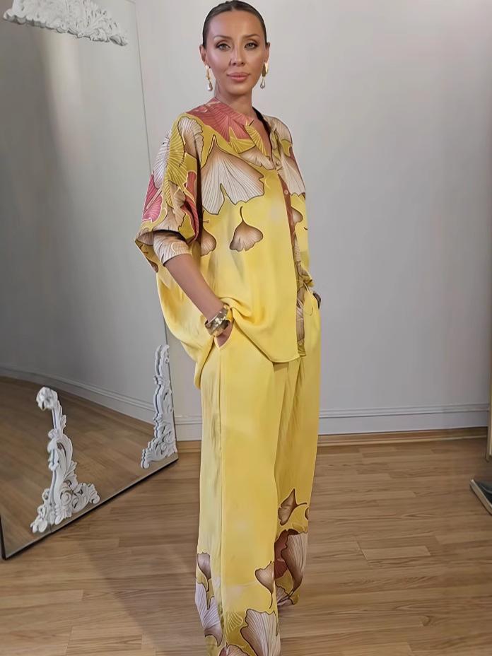 2025 Autumn European & American Fashion Print Top and Wide-Leg Pants Set