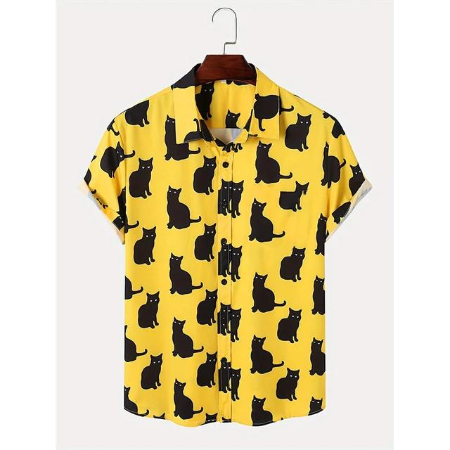 Summer Cute Cat Print Shirt Men's Casual Short Sleeve Hawaiian Casual Button Lapel Shirt For Summer Men Clothing Streetwear